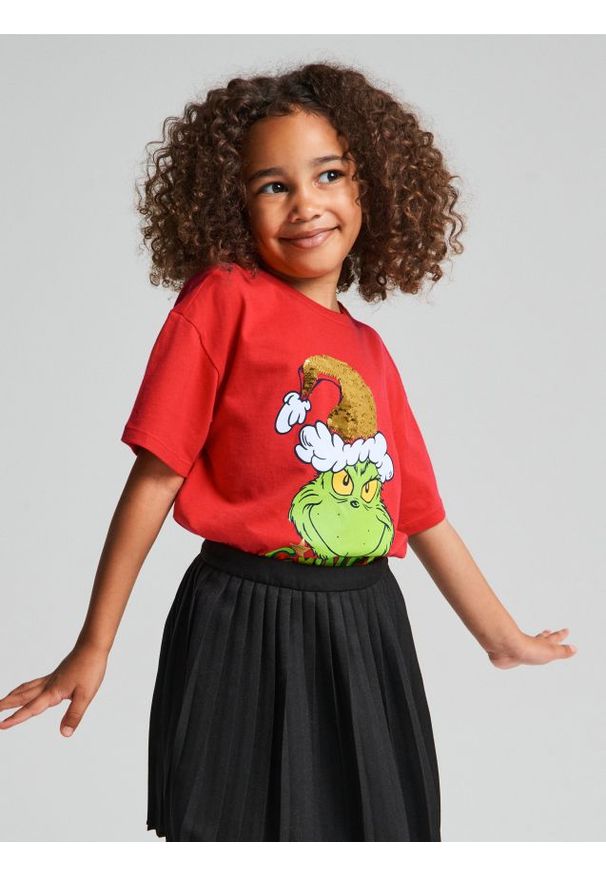 Sinsay - Bawełniana koszulka z nadrukiem Grinch - czerwony. Kolor: czerwony. Materiał: bawełna. Wzór: nadruk