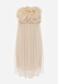 Born2be - Beżowa Tiulowa Sukienka z Falbankami Larithia. Typ kołnierza: kołnierz z falbankami. Kolor: beżowy. Materiał: tiul. Długość rękawa: bez ramiączek #3