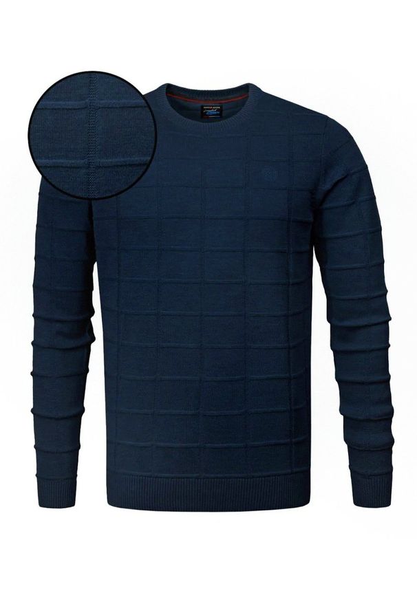 Męski Sweter Pako Jeans - Tłoczona Struktura Materiału - Granatowy. Kolor: niebieski. Materiał: akryl, bawełna. Styl: elegancki, klasyczny