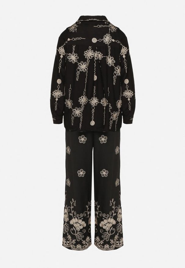 Born2be - Czarny Bawełniany Komplet Zdobiony Metalicznym Haftem Koszula i Spodnie Banovia. Kolor: czarny. Materiał: bawełna. Wzór: aplikacja, haft