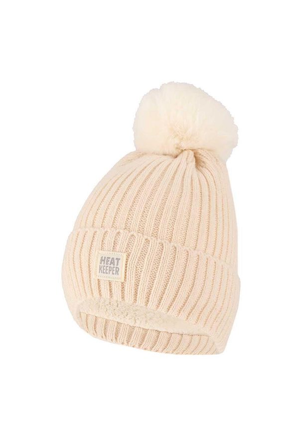 HEAT KEEPER - Czapka termiczna + pompon, damska Onesize - 4 sztuki. Kolor: biały. Materiał: poliester, elastan. Sezon: zima. Styl: sportowy