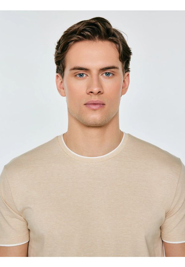 Big-Star - Koszulka męska w drobne paski beżowa Fredriser 801. Okazja: na co dzień. Kolor: beżowy. Materiał: dzianina, materiał, jeans. Wzór: paski. Sezon: lato. Styl: casual