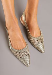 Born2be - Złote Sandały Slingback z Noskiem w Szpic z Ażurowej Plecionki Tillirune. Okazja: na co dzień. Kolor: złoty. Materiał: jedwab, len. Wzór: ażurowy. Obcas: na obcasie. Styl: casual, elegancki. Wysokość obcasa: niski #6