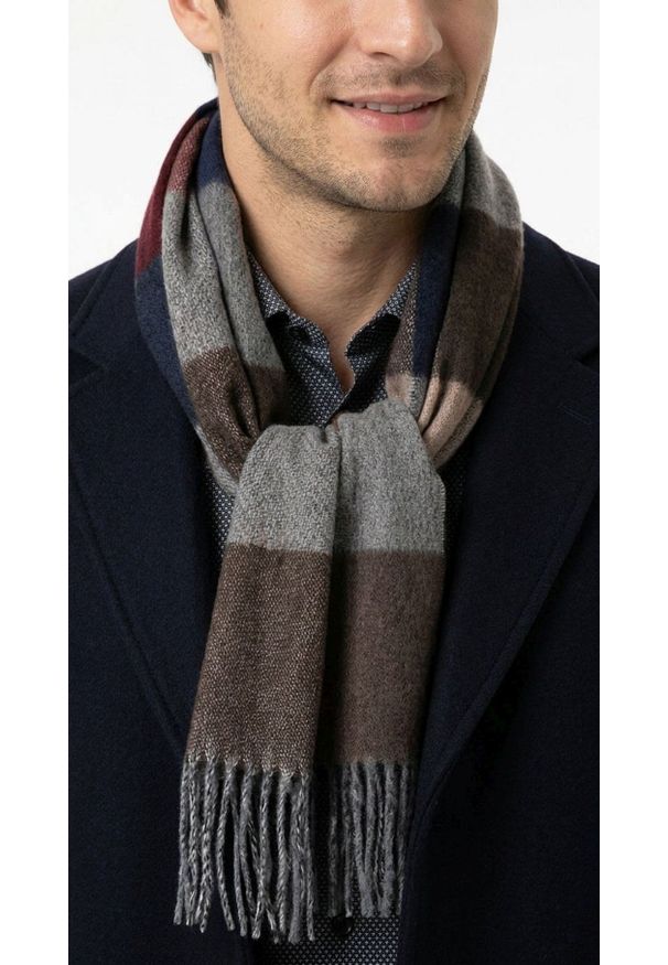V. Fraas - Szalik Szaro-Brązowy z Frędzlami, Miękki w Kratkę, Firmy V.Fraas -Cashmink. Kolor: niebieski, brązowy, wielokolorowy, beżowy. Materiał: syntetyk, materiał, wełna, poliakryl, tkanina. Wzór: kratka. Sezon: lato