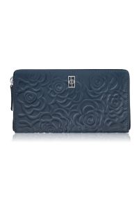 PAOLO PERUZZI - Poziomy portfel damski skórzany granatowy w kwiaty z metalowym logo Paolo Peruzzi AL-13-NV. Kolor: niebieski. Materiał: skóra. Wzór: kwiaty #1
