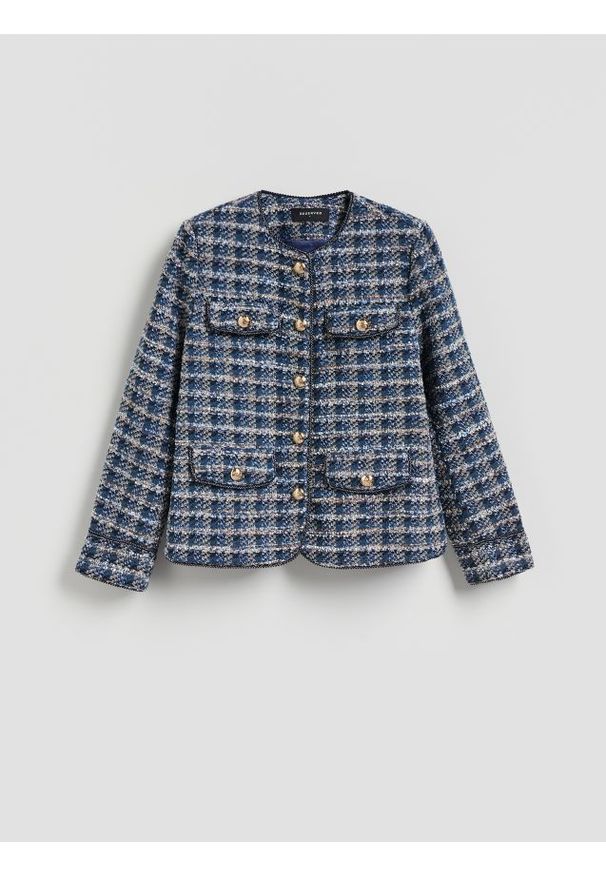 Reserved - Marynarka z ozdobnymi kieszeniami - granatowy. Kolor: niebieski. Materiał: tkanina