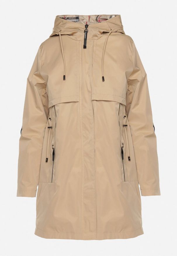 Born2be - Ciemnobeżowa Kurtka Parka z Podpinanymi Rękawami i Kapturem ze Wstawkami w Kratę Kaithna. Kolor: beżowy. Materiał: tkanina
