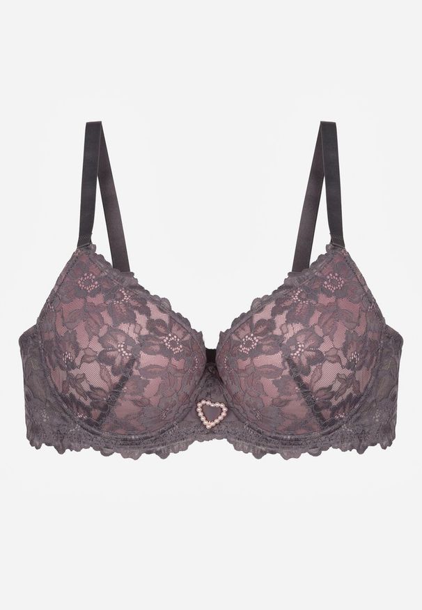 Renee - Szaro-Różowy Koronkowy Biustonosz Ozdobiony Cyrkoniowym Sercem Bothilei. Kolor: szary. Materiał: koronka. Wzór: aplikacja