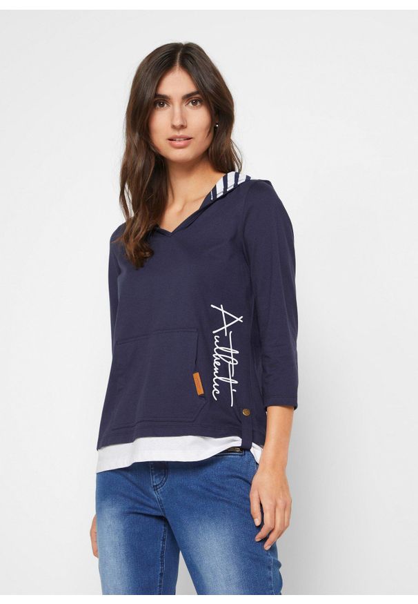 bonprix - Bluza z kapturem z czystej bawełny, rękawy 3/4. Typ kołnierza: kaptur. Kolor: niebieski. Materiał: bawełna