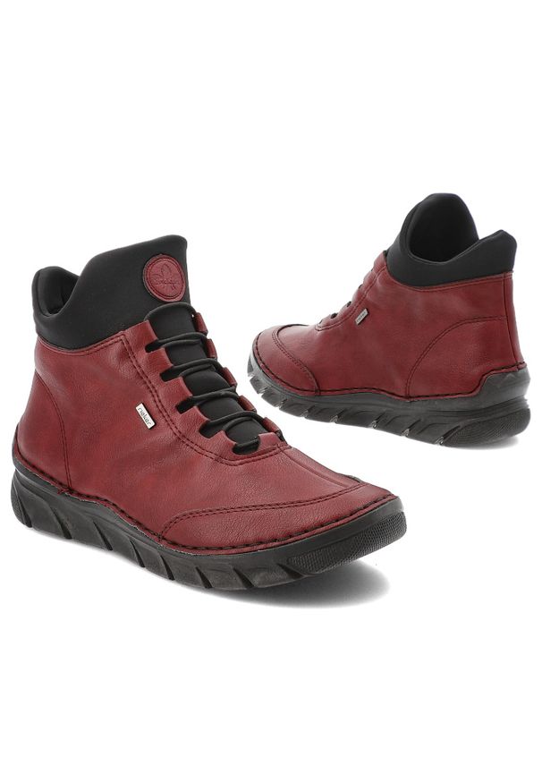 Bordowe Botki Rieker Wygodne Obuwie Damskie. Okazja: na co dzień. Kolor: czerwony. Materiał: skóra ekologiczna. Styl: casual