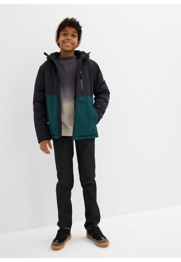 bonprix - Wodoodporna kurtka zimowa z kapturem i blokami kolorów. Typ kołnierza: kaptur. Kolor: zielony. Sezon: zima