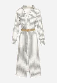 Born2be - Biało-Zielona Sukienka Midi w Koszulowym Stylu z Lnem i Paskiem z Klamrą Egogia. Okazja: na co dzień. Kolor: biały. Materiał: len. Długość rękawa: długi rękaw. Wzór: aplikacja. Typ sukienki: koszulowe. Styl: klasyczny, casual, elegancki. Długość: midi #7