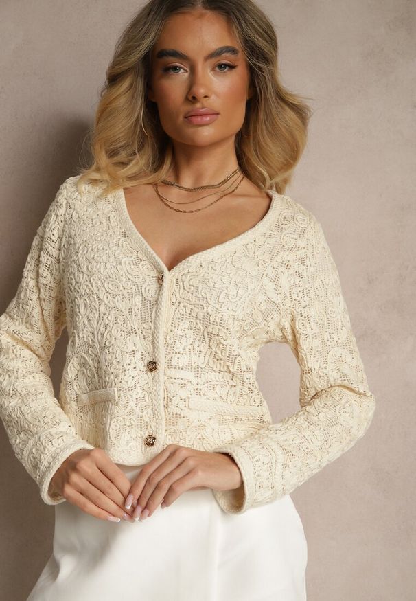Renee - Beżowy Haftowany Kardigan z Bawełny na Guziki Sarivna. Okazja: na co dzień. Kolor: beżowy. Materiał: bawełna. Wzór: haft. Styl: casual