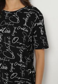 Born2be - Czarny T-shirt Oversize z Bawełny Zdobiony Nadrukiem Sinelra. Okazja: na co dzień. Kolor: czarny. Materiał: bawełna. Wzór: aplikacja, nadruk. Styl: klasyczny, elegancki, casual #4