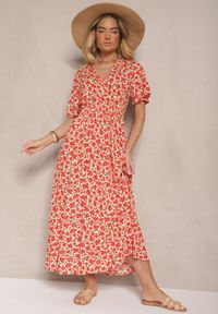 Renee - Jasnobeżowa Sukienka Rozkloszowana o Kopertowym Kroju w Kwiatowy Print Borriz. Okazja: na co dzień. Kolor: beżowy. Materiał: materiał. Wzór: kwiaty, nadruk. Sezon: lato, wiosna. Typ sukienki: kopertowe. Styl: casual, elegancki #4