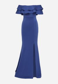 Born2be - Granatowa Elegancka Sukienka Typu Hiszpanka z Rozkloszowanym Dołem i Wycięciami Tumini. Okazja: na imprezę. Typ kołnierza: dekolt hiszpanka. Kolor: niebieski. Materiał: skóra. Długość rękawa: krótki rękaw. Typ sukienki: rozkloszowane, dopasowane. Styl: elegancki #2