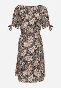 Born2be - Czarno-Beżowa Sukienka z Bawełny z Okrągłym Dekoltem i Wiązaniem w Pasie Tosaria. Okazja: na co dzień. Kolor: czarny. Materiał: bawełna. Sezon: lato. Styl: casual, elegancki #4