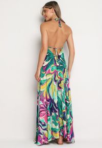 Born2be - Zielono-Fioletowa Rozkloszowana Sukienka z Wiskozy z Odcięciem pod Biustem Wiązana na Szyi i Plecach Nividia. Okazja: na co dzień. Kolor: zielony. Materiał: wiskoza. Sezon: lato. Typ sukienki: sportowe, proste. Styl: sportowy, klasyczny, casual, elegancki #4