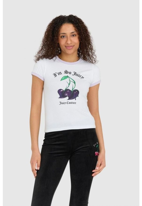 Juicy Couture - JUICY COUTURE Biały t-shirt damski z wisienkami slim, Rozmiar M. Kolor: biały