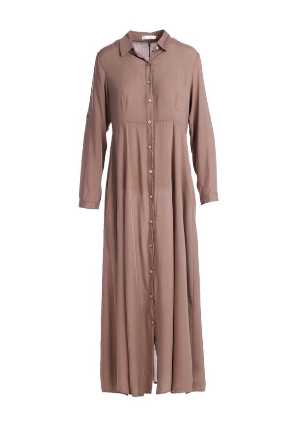 Born2be - Ciemnobeżowa Sukienka Controllable. Okazja: na co dzień. Kolor: beżowy. Długość rękawa: długi rękaw. Typ sukienki: rozkloszowane, szmizjerki. Styl: casual, klasyczny. Długość: maxi