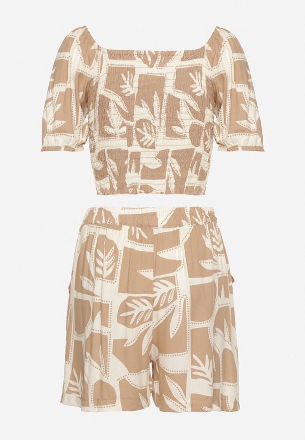 Born2be - Beżowy Komplet z Wiskozy z Motywem Roślinnym Szorty i Bluzka Felestia. Kolor: beżowy. Materiał: wiskoza