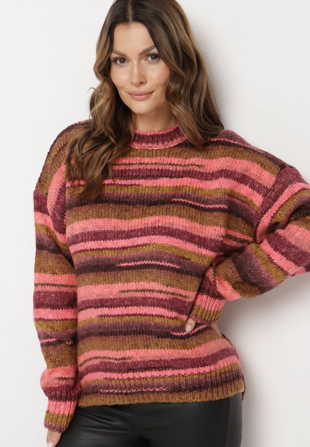 Born2be - Różowo-Brązowy Sweter w Poziome Paski Rortia. Kolor: różowy. Materiał: materiał. Wzór: paski. Sezon: zima