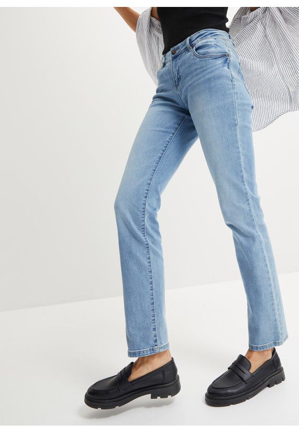 bonprix - Dżinsy ze stretchem straight, mid waist. Kolor: niebieski