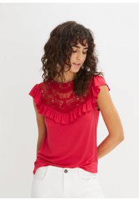 bonprix - Shirt z koronką. Kolor: czerwony. Materiał: koronka. Wzór: koronka #1