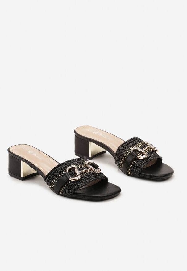 Born2be - Czarne Klapki na Słupku z Ozdobną Plecionką i Metalową Ozdobą Farnita. Kolor: czarny. Materiał: jeans. Wzór: aplikacja. Obcas: na słupku. Styl: wizytowy, elegancki. Wysokość obcasa: średni