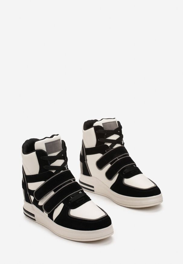 Renee - Czarno-Białe Sneakersy na Ukrytym Koturnie Zapięcie na Rzep Dodatkowo Sznurowane z Ozdobnymi Wstawkami z Ekozamszu Tisgnet. Zapięcie: rzepy. Kolor: czarny. Szerokość cholewki: normalna. Obcas: na koturnie