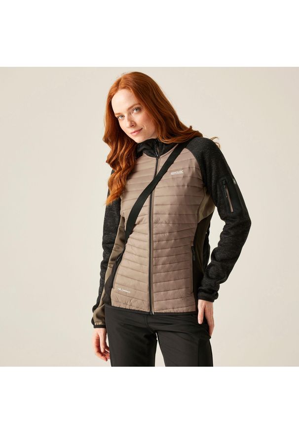 Regatta - Kurtka damska hybrydowa Newhill. Kolor: brązowy. Materiał: dzianina, puch. Wzór: melanż. Sport: turystyka piesza