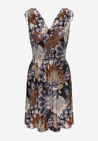 Renee - Czarno-Niebieska Sukienka Phoebothoe. Okazja: na spacer. Kolor: czarny. Długość rękawa: bez rękawów. Wzór: kolorowy, aplikacja. Sezon: lato. Typ sukienki: kopertowe. Styl: wakacyjny. Długość: mini #5