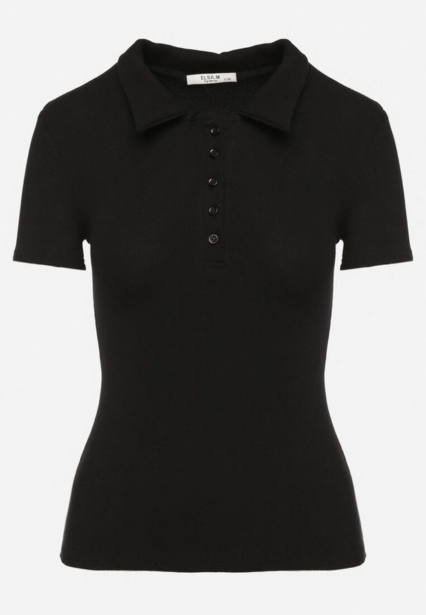 Born2be - Czarny Bawełniany T-shirt Prążkowany Typu Polo z Guzikami Avelavia. Okazja: na co dzień. Typ kołnierza: polo. Kolor: czarny. Materiał: bawełna, prążkowany. Styl: casual, klasyczny