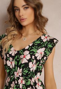Renee - Czarno-Zielona Rozkloszowana Sukienka Bawełniana w Kwiaty Maller. Kolor: czarny. Materiał: bawełna. Wzór: kwiaty. Sezon: lato #3
