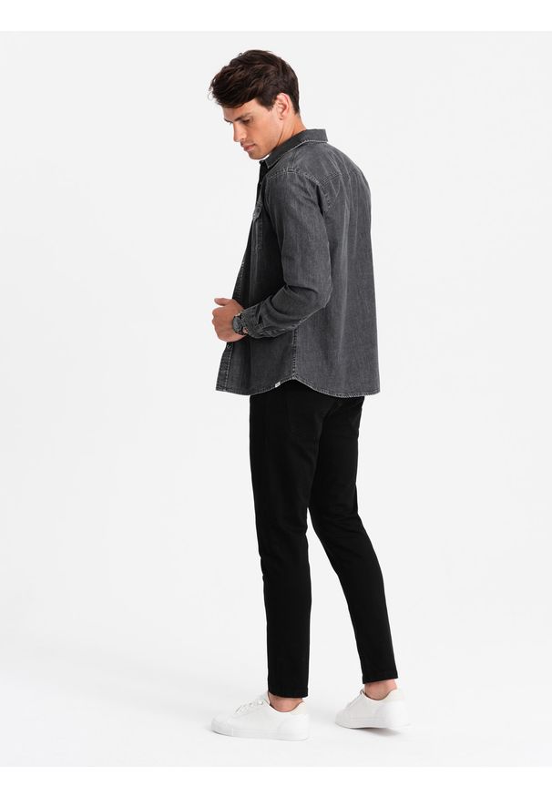 Ombre Clothing - Koszula męska jeansowa na zatrzaski z kieszonkami - czarna V3 OM-SHDS-0115 - XXL. Kolor: czarny. Materiał: jeans