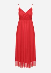 Born2be - Czerwona Sukienka Koktajlowa z Tiulową Siateczką Devinae. Okazja: na imprezę, na co dzień. Typ kołnierza: dekolt w kształcie V. Kolor: czerwony. Materiał: tiul. Długość rękawa: na ramiączkach. Sezon: lato. Styl: wizytowy #6