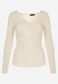 Born2be - Jasnobeżowy Sweter Ampippe. Kolor: beżowy. Materiał: dzianina, prążkowany. Długość rękawa: długi rękaw. Długość: długie. Wzór: jednolity, aplikacja #3
