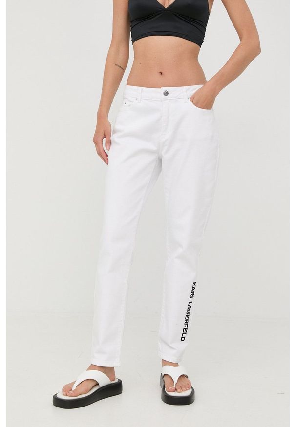 Karl Lagerfeld jeansy damskie high waist. Stan: podwyższony. Kolor: biały. Wzór: aplikacja