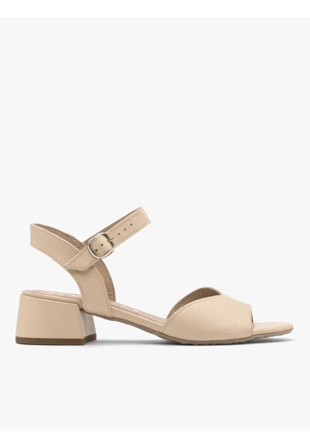Ryłko - Beżowe sandały na niskim obcasie. Kolor: beżowy. Materiał: skóra. Obcas: na obcasie. Styl: street. Wysokość obcasa: niski