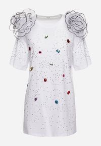 Born2be - Biała Bluzka z Bawełny Ozdobiona Cyrkoniami i Kryształkami Leonea. Kolor: biały. Materiał: bawełna. Wzór: aplikacja #2