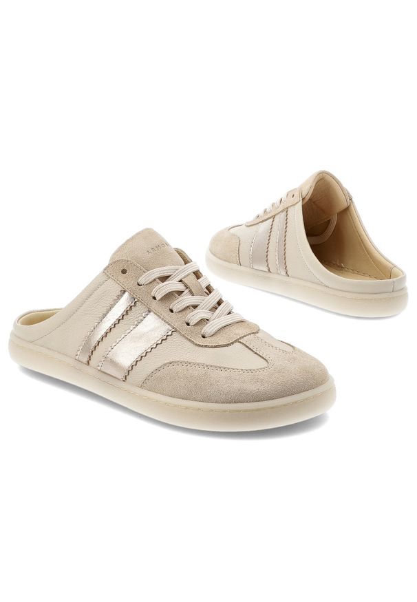 Klapki damskie barefoot Armodo, skórzana cholewka naturalna niska sportowa forma sznurowana konstrukcja z dekoracyjnymi panelami płaska elastyczna po. Okazja: na co dzień. Kolor: beżowy. Materiał: skóra. Styl: sportowy