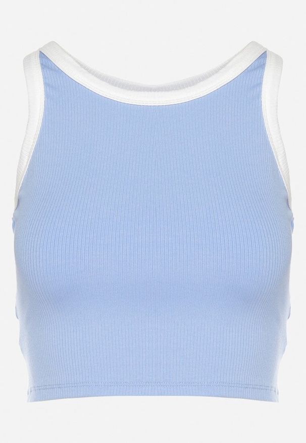 Born2be - Jasnoniebieski Prążkowany Top Ozdobiony Lamówką Xarzedi. Okazja: na co dzień. Kolor: niebieski. Materiał: prążkowany. Wzór: aplikacja. Styl: casual, klasyczny