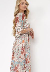 Born2be - Miętowo-Beżowa Sukienka Maxi w Stylu Boho Patchworkowy Wzór Acarria. Kolor: beżowy. Wzór: ażurowy, aplikacja. Styl: boho. Długość: maxi