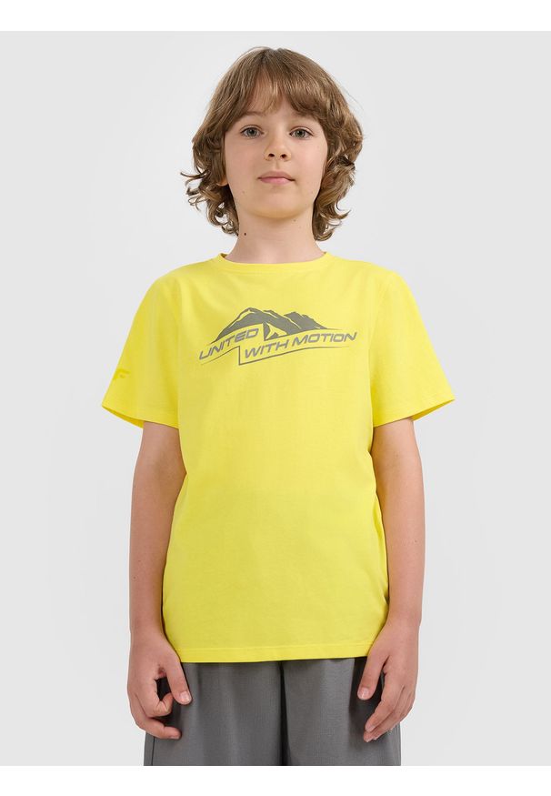 4f - 4F T-shirt regular z nadrukiem chłopięcy - pomarańczowy 152 (11-12 lat). Okazja: na uczelnię, na co dzień. Kolor: żółty. Materiał: jeans, materiał, skóra, bawełna, dresówka. Wzór: nadruk. Sezon: lato. Styl: casual, klasyczny