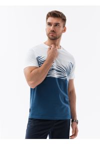 Ombre Clothing - T-shirt meski dwukolorowy z nadrukiem w liście palmy - ciemnoniebieski V1. Kolor: niebieski. Materiał: bawełna, jersey, dzianina. Wzór: nadruk. Sezon: lato. Styl: wakacyjny #6