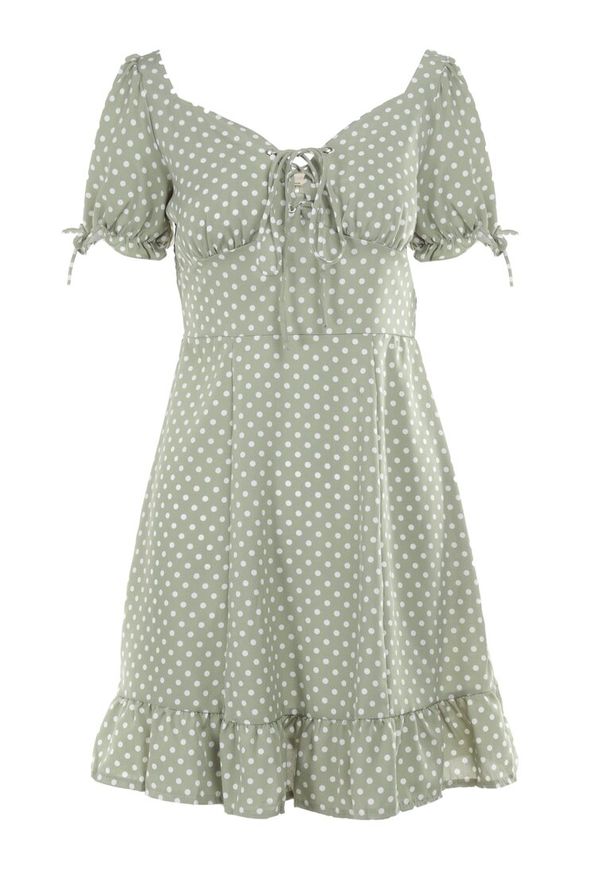 Born2be - Jasnozielona Sukienka Abin. Kolor: zielony. Wzór: aplikacja, kropki. Styl: vintage. Długość: mini