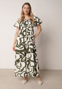 Born2be - Ciemnozielona Wiskozowa Sukienka z Bufiastymi Rękawami w Abstrakcyjny Wzór Tibee. Okazja: na co dzień. Kolor: zielony. Materiał: wiskoza. Wzór: nadruk. Typ sukienki: proste. Styl: elegancki, wakacyjny, casual #1