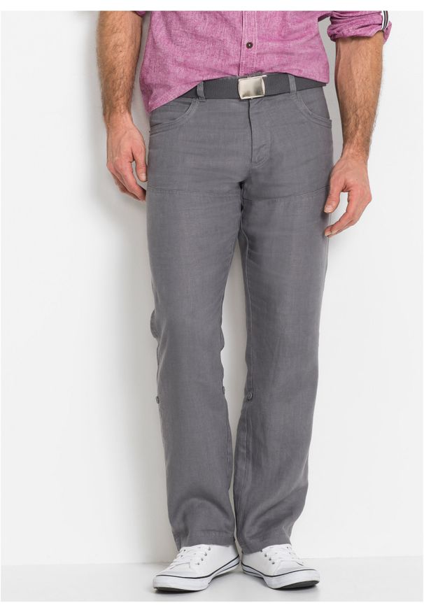 bonprix - Spodnie lniane z wywijanymi nogawkami Regular Fit. Kolor: szary. Materiał: len. Długość: do kolan