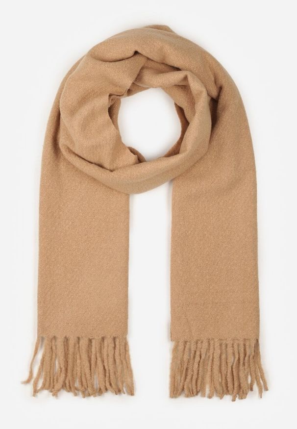 Born2be - Ciemnobeżowy Klasyczny Szalik Zdobiony Frędzlami Vetilana. Okazja: do pracy. Kolor: beżowy. Materiał: jeans. Wzór: aplikacja. Styl: klasyczny