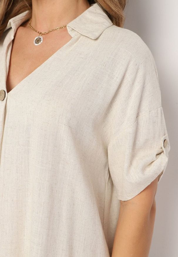 Born2be - Beżowa Pudełkowa Sukienka z Bawełny z Podwijanymi Rękawami Carinea. Okazja: na co dzień, do pracy, na spotkanie biznesowe. Typ kołnierza: dekolt w serek. Kolor: beżowy. Materiał: bawełna. Styl: biznesowy, klasyczny, casual, elegancki